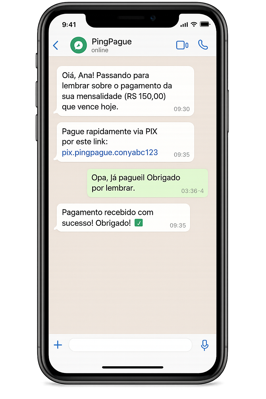 Exemplo de conversa automática de cobrança no WhatsApp pelo PingPague